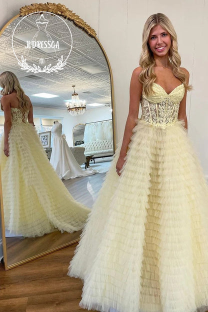 Black Sweetheart Tiered Tulle A - Line Long Prom Dress, PD25928