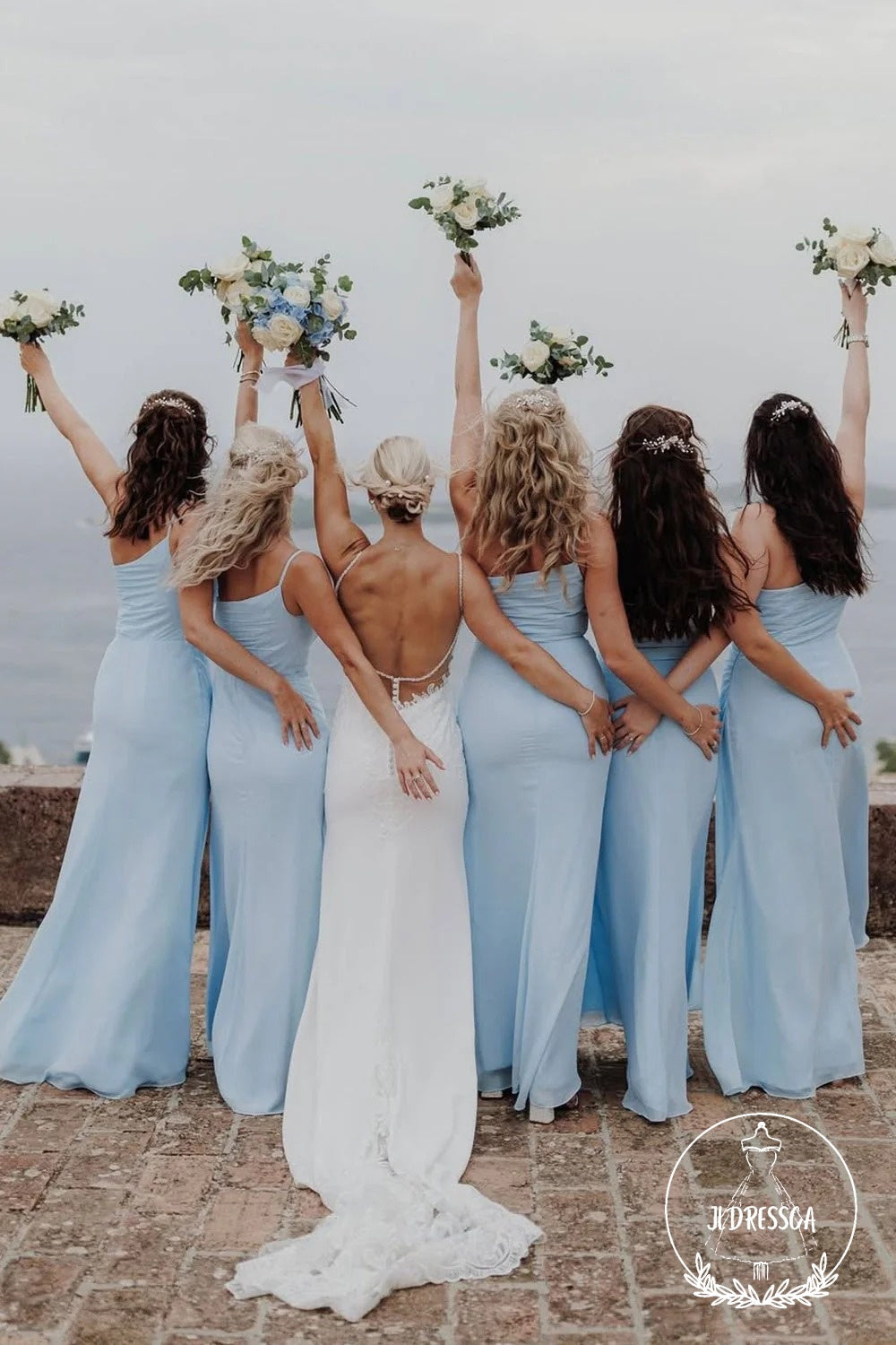 Light Blue Sheath One Shoulder Simple Chiffon Slit Bridesmaid Dress, B JLDressCA Light Blue Sheath One Shoulder Simple Chiffon Slit Bridesmaid Dress, B JLDressCA