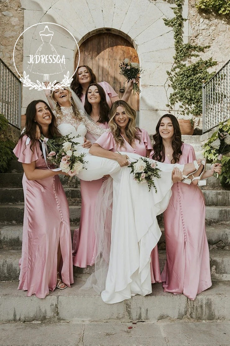 Blush Pink Long Sheath V Neck Silk Satin Bridesmaid Dresses, BD25008