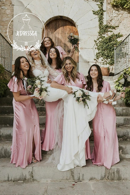 Blush Pink Long Sheath V Neck Silk Satin Bridesmaid Dresses, BD25008