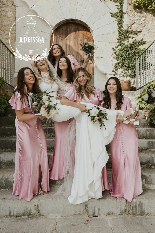 Blush Pink Long Sheath V Neck Silk Satin Bridesmaid Dresses, BD25008