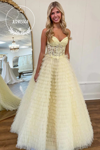 Yellow Sweetheart Ruffle Tiered Long A-Line Prom Dress with Appliques, PD25968