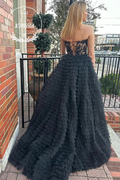 Black Sweetheart Tiered Tulle A - Line Long Prom Dress, PD25928
