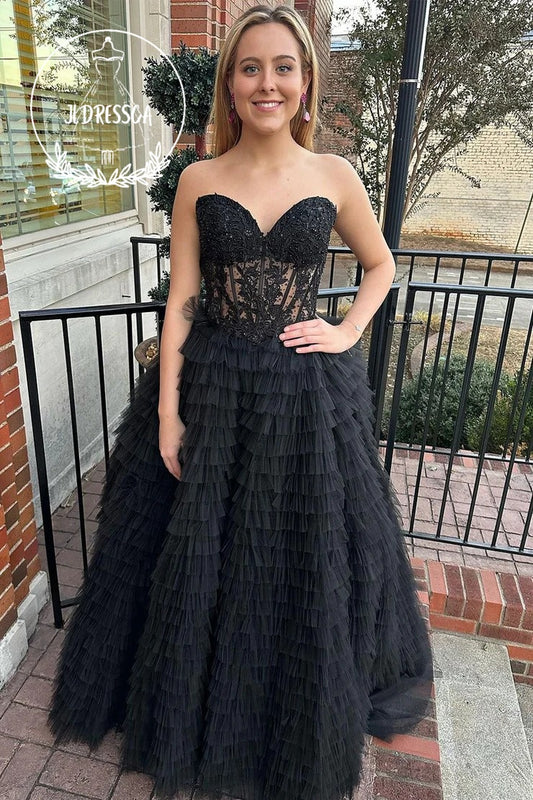 Black Sweetheart Tiered Tulle A - Line Long Prom Dress, PD25928