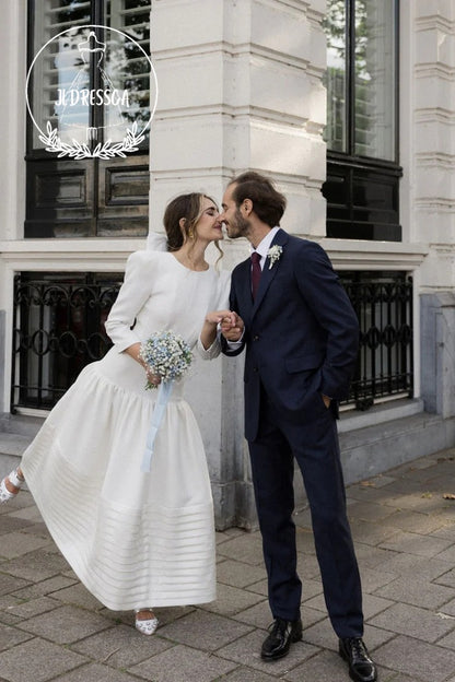 Vintage Long A-Line Satin Wedding Dress with Round Neck and Long Sleeves, WD25018