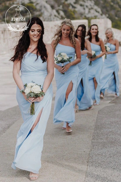 Light Blue Sheath One Shoulder Simple Chiffon Slit Bridesmaid Dress, B JLDressCA Light Blue Sheath One Shoulder Simple Chiffon Slit Bridesmaid Dress, B JLDressCA