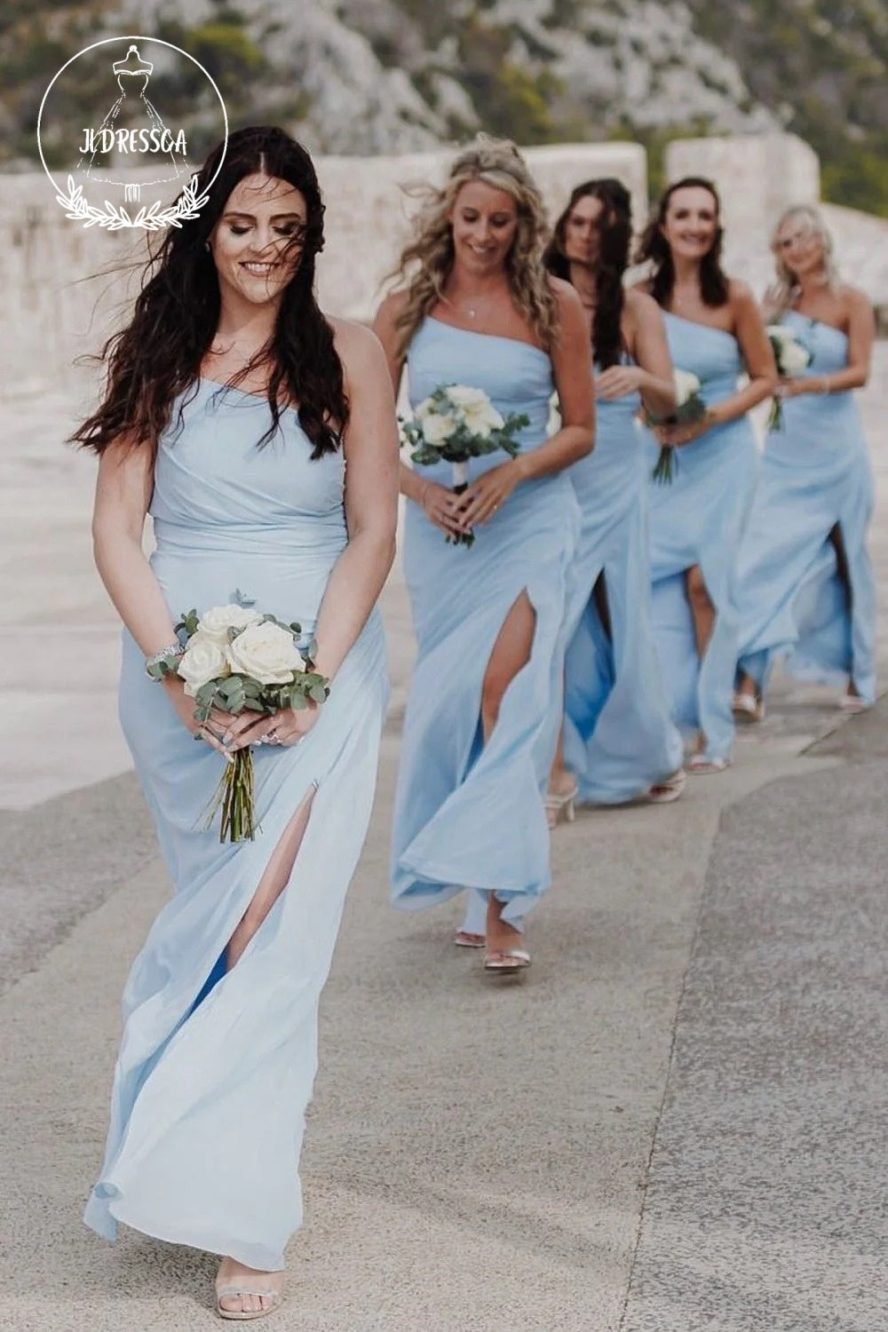 Light Blue Sheath One Shoulder Simple Chiffon Slit Bridesmaid Dress, BD25028
