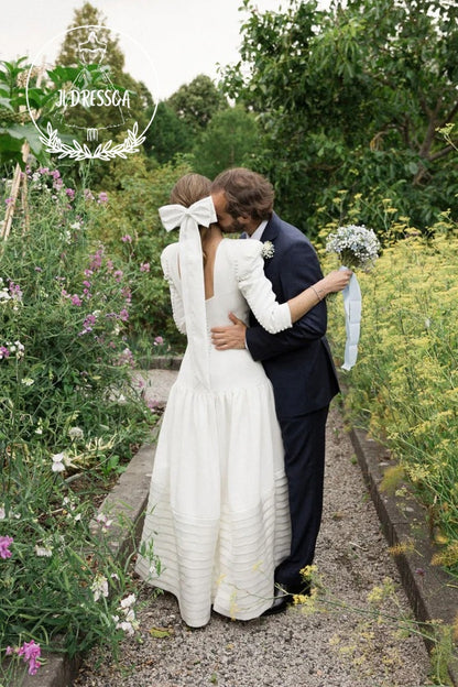 Vintage Long A-Line Satin Wedding Dress with Round Neck and Long Sleeves, WD25018