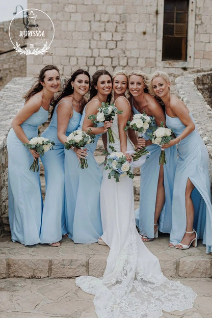Light Blue Sheath One Shoulder Simple Chiffon Slit Bridesmaid Dress, BD25028