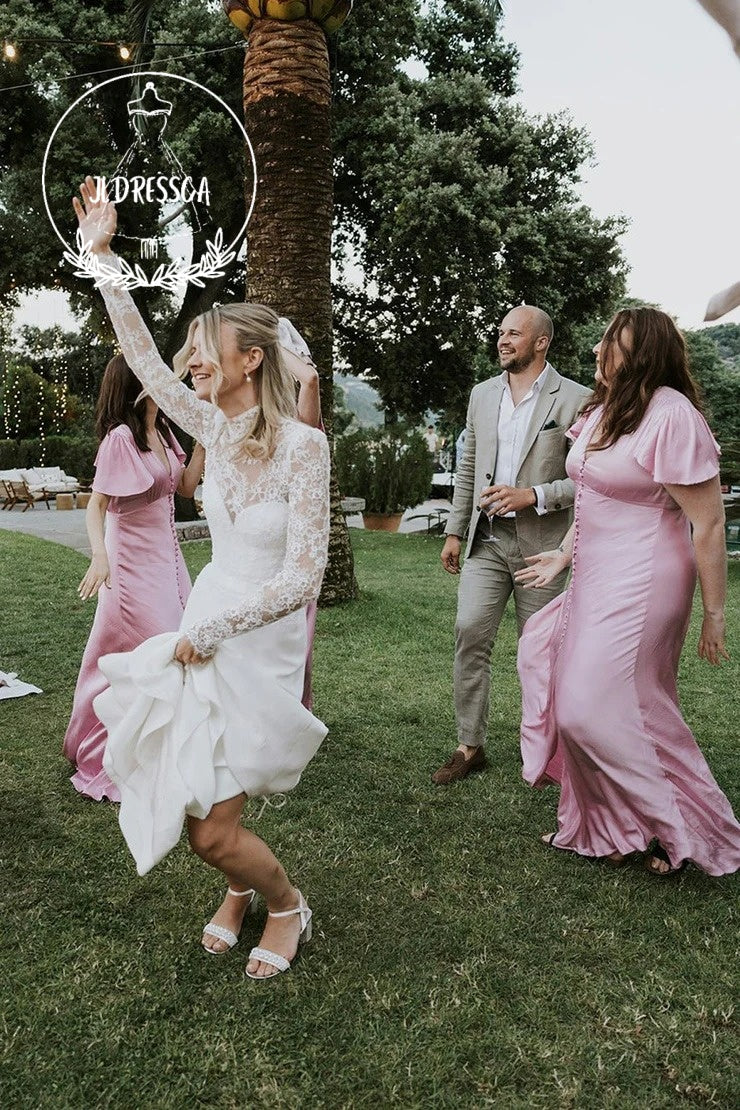 Blush Pink Long Sheath V Neck Silk Satin Bridesmaid Dresses, BD25008