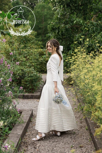 Vintage Long A-Line Satin Wedding Dress with Round Neck and Long Sleeves, WD25018