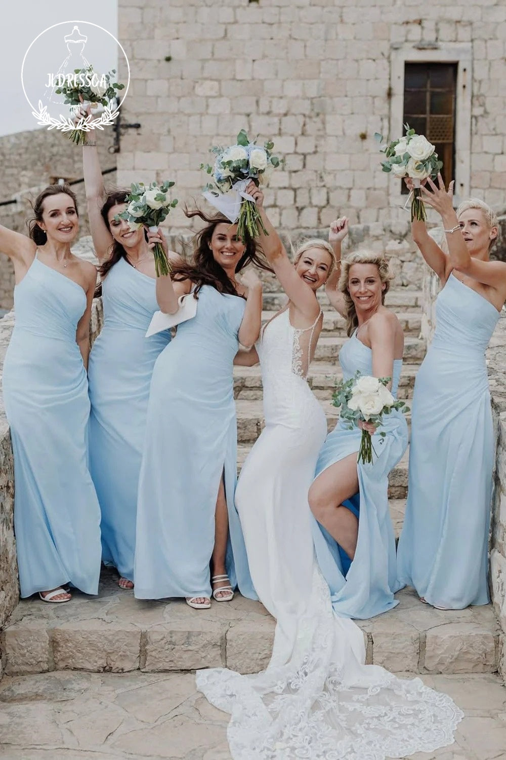 Light Blue Sheath One Shoulder Simple Chiffon Slit Bridesmaid Dress, BD25028