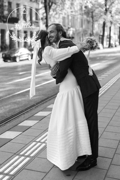 Vintage Long A-Line Satin Wedding Dress with Round Neck and Long Sleeves, WD25018