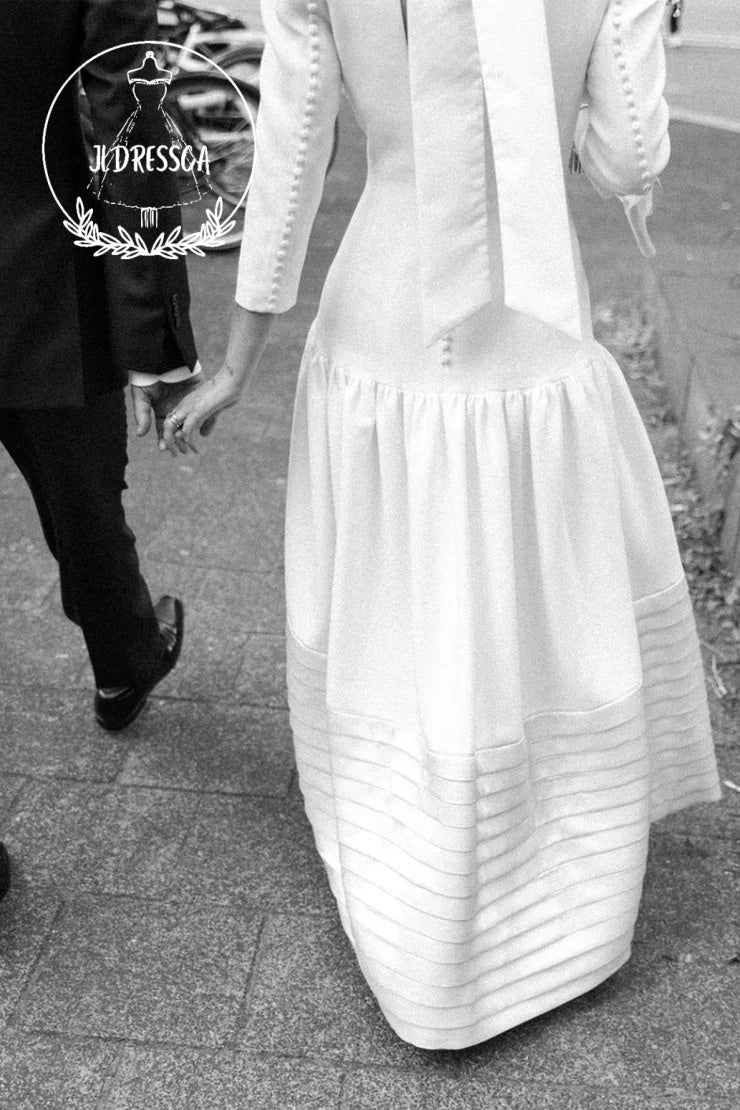 Vintage Long A-Line Satin Wedding Dress with Round Neck and Long Sleeves, WD25018