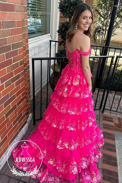 Hot Pink Long Tiered Off the Shoulder Prom Dresses with Sequin Lace, PD25958