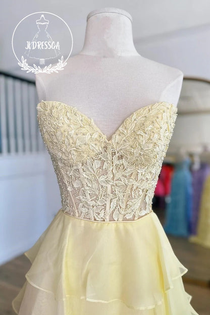Yellow Sweetheart Ruffle Tiered Long A-Line Prom Dress with Appliques, PD25968