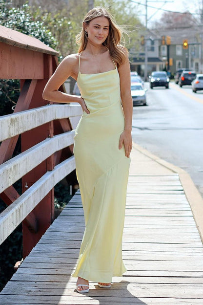 Satin Yellow Cowl Neck Mermaid Long Prom Dress, PD25167