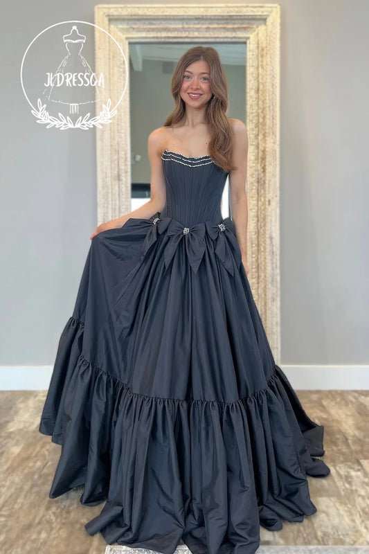 Ball Gown Strapless Black Satin Long Prom Dresses with Bowknots, PD25909
