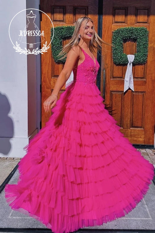Fuchsia V Neck Tulle A - Line Long Prom Dress with Appliques, PD25929