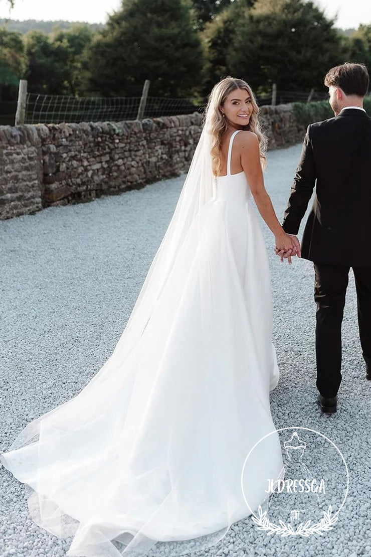 Fashionable Long A-Line Satin Wedding Dresses with Square Neck and Slit, WD25002