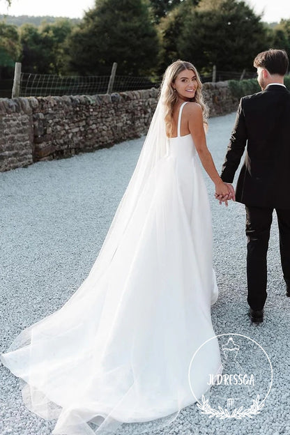 Fashionable Long A-Line Satin Wedding Dresses with Square Neck and Slit, WD25002