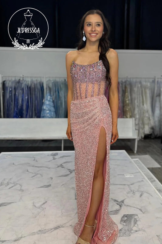 Pink Strapless Mermaid Sequins Beads Long Prom Dress with Slit, PD25889