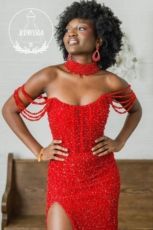 Mermaid Long Off the Shoulder Red Sequins Prom Dresses with Slit, PD25939