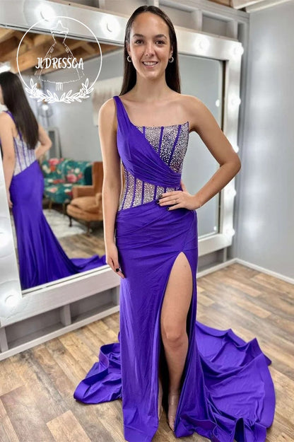 Purple One Shoulder Mermaid Prom Dress with Rhinestones, PD25859