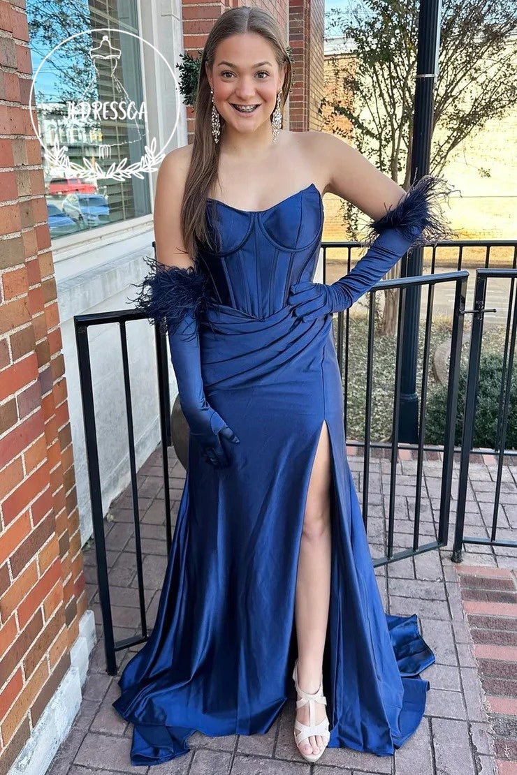 Navy Blue Strapless Trumpet Long Prom Dress with Gloves, PD25879
