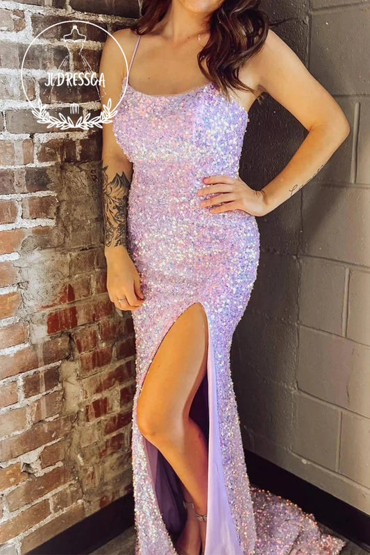 Lilac Sparkly Mermaid Long Prom Dress With Slit, PD25919
