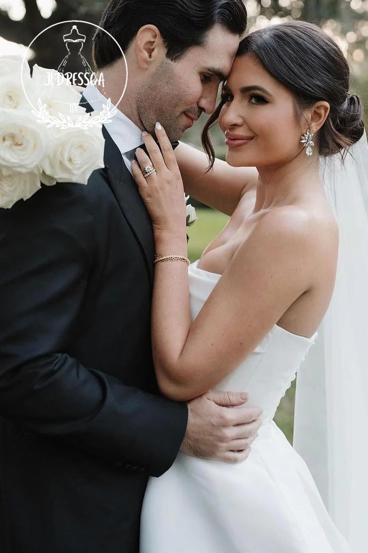 Charming Long White Strapless Satin A - Line Wedding Dresses with Slit, WD25019