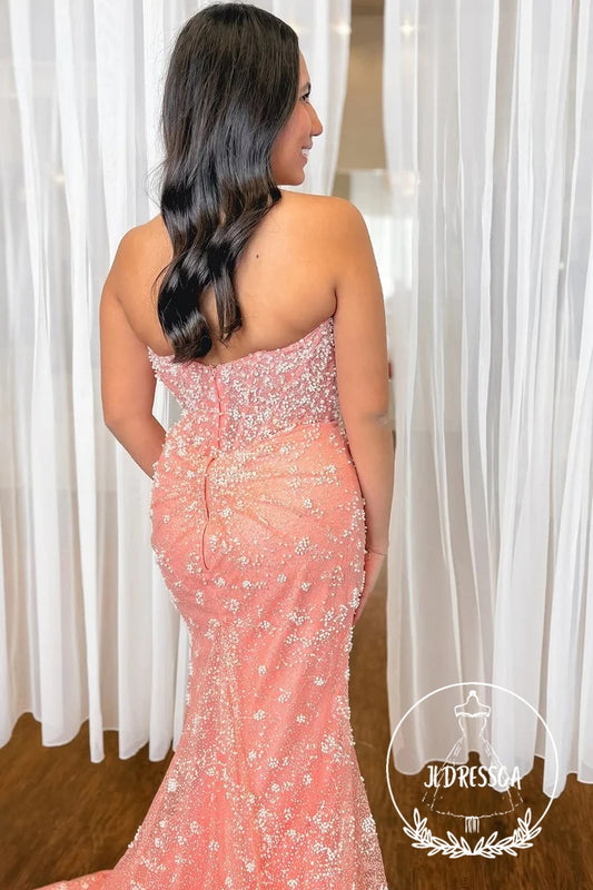 Mermaid Strapless Pink Pearls Long Prom Dresses with Slit, PD25899