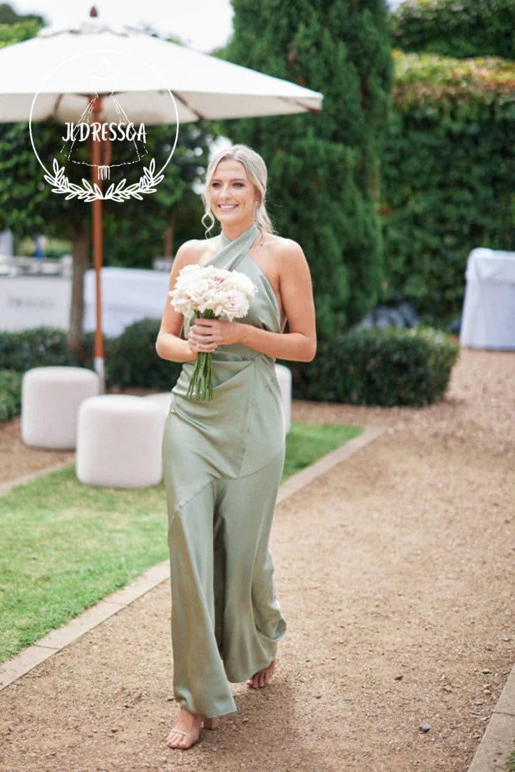 Sheath Long Halter Sage Green Silk Satin Bridesmaid Dresses, BD25009