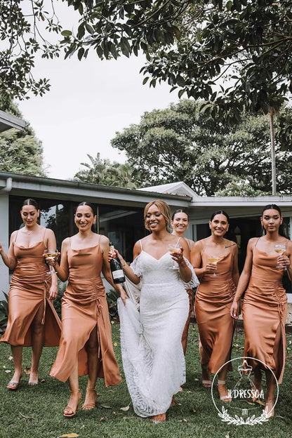 Silk Satin Sheath Cowl Neck Bohemian Bridesmaid Dress, BD25039