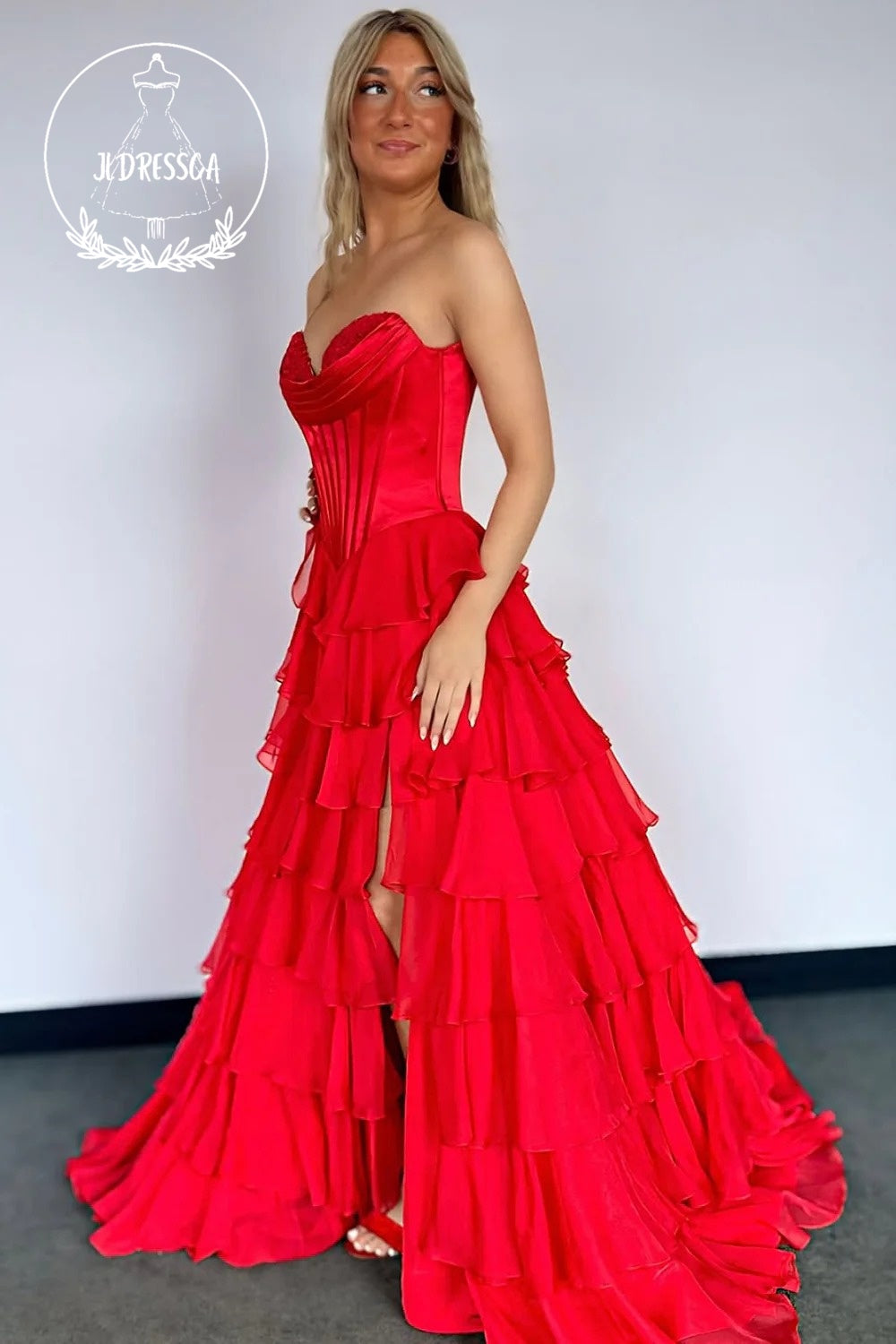 Strapless A-Line Ruffle Tiered Long Prom Dress with Slit, PD25839