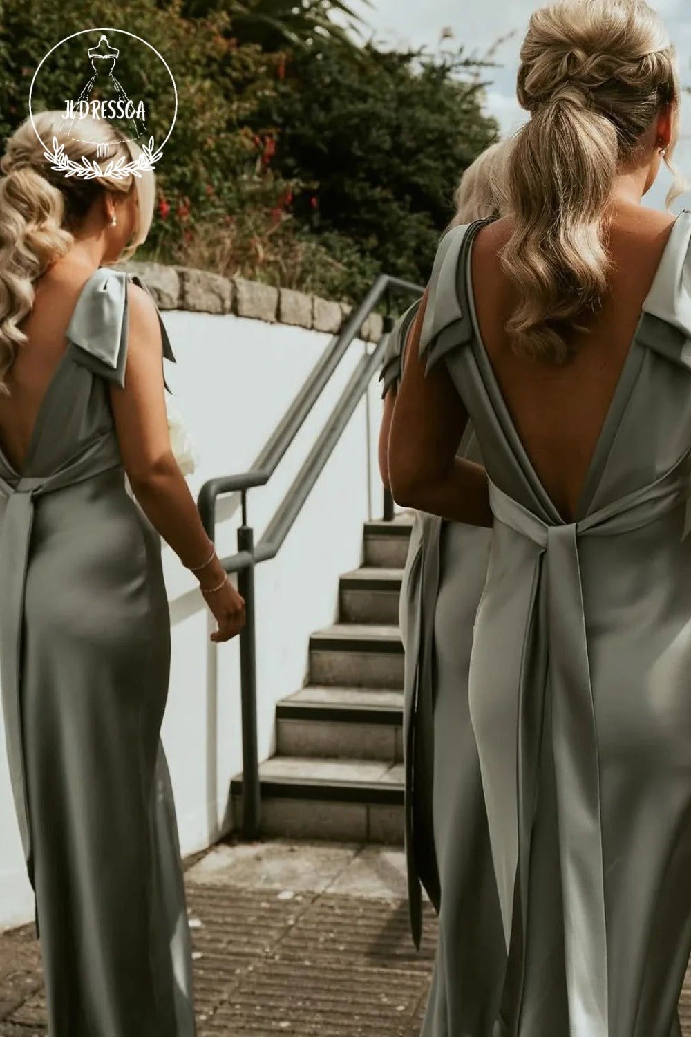 Sage Green Sheath V Neck Fashion Silk Satin Bridesmaid Dress with Bow, BD25029