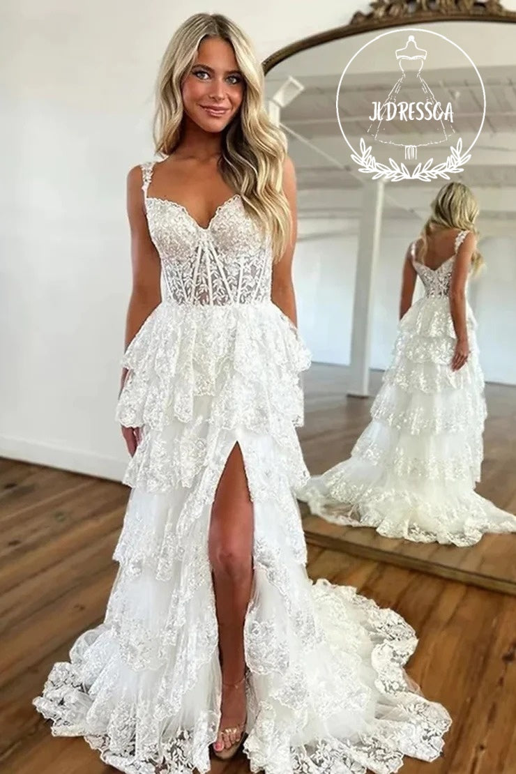 White Long A - Line Prom Dresses with Sequin Lace and Sweetheart Neckline, PD25959