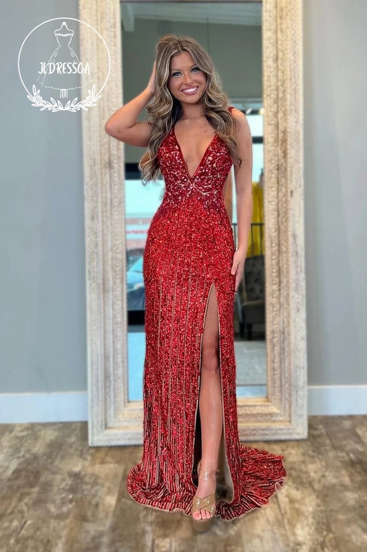 Red V Neck Mermaid Sequin Long Prom Dress with Slit, PD25869