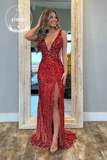 Red V Neck Mermaid Sequin Long Prom Dress with Slit, PD25869