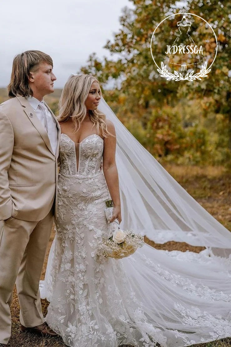 Mermaid Sweetheart Tulle Lace Wedding Dresses with Train, WD25039