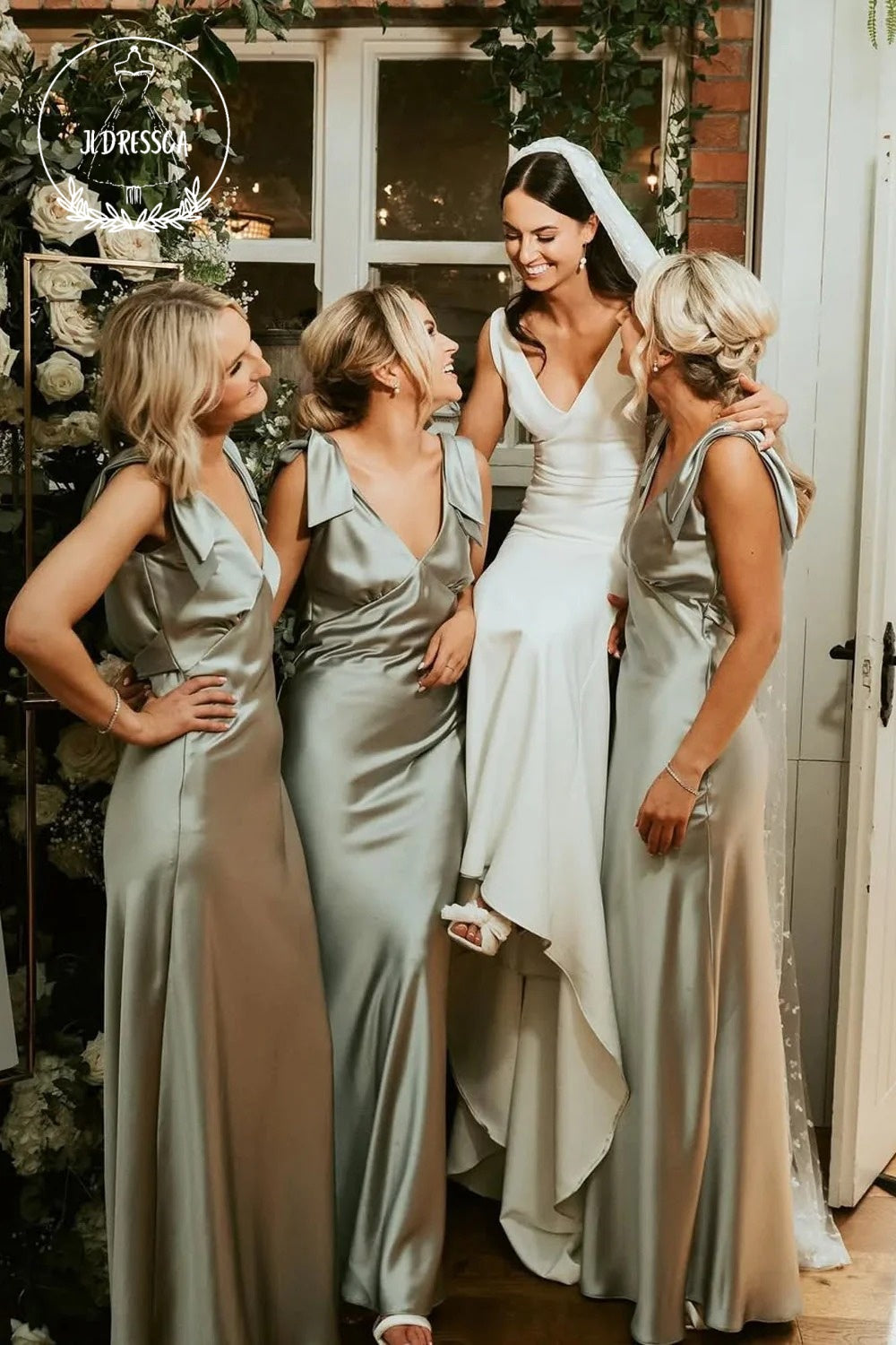 Sage Green Sheath V Neck Fashion Silk Satin Bridesmaid Dress with Bow, BD25029