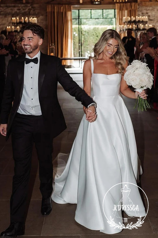 Fashionable Long A-Line Satin Wedding Dresses with Square Neck and Slit, WD25002