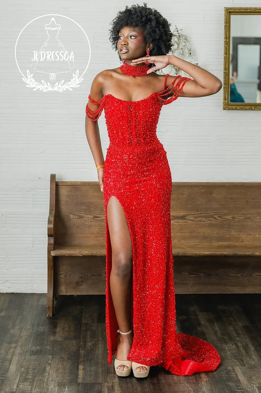 Mermaid Long Off the Shoulder Red Sequins Prom Dresses with Slit, PD25939