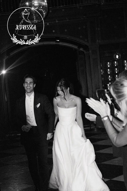 Charming Long White Strapless Satin A - Line Wedding Dresses with Slit, WD25019