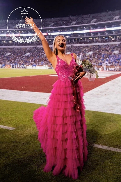 Fuchsia V Neck Tulle A - Line Long Prom Dress with Appliques, PD25929