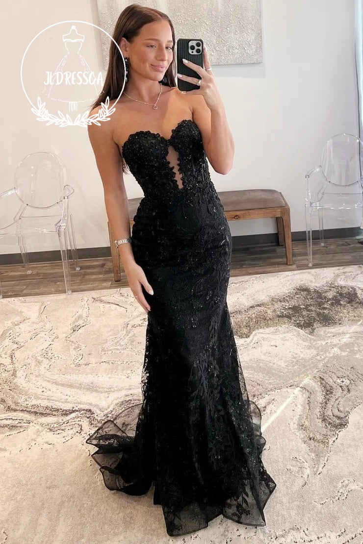 Black Appliques Sweetheart Keyhole Trumpet Long Prom Dress, PD25969