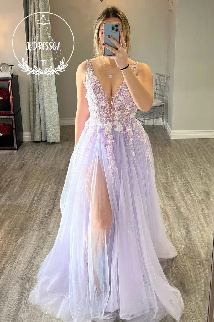 Charming Long A Line Light Purple Prom Dress with Deep V Neck and Appliques, PD25949