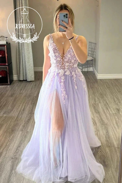 Charming Long A Line Light Purple Prom Dress with Deep V Neck and Appliques, PD25949