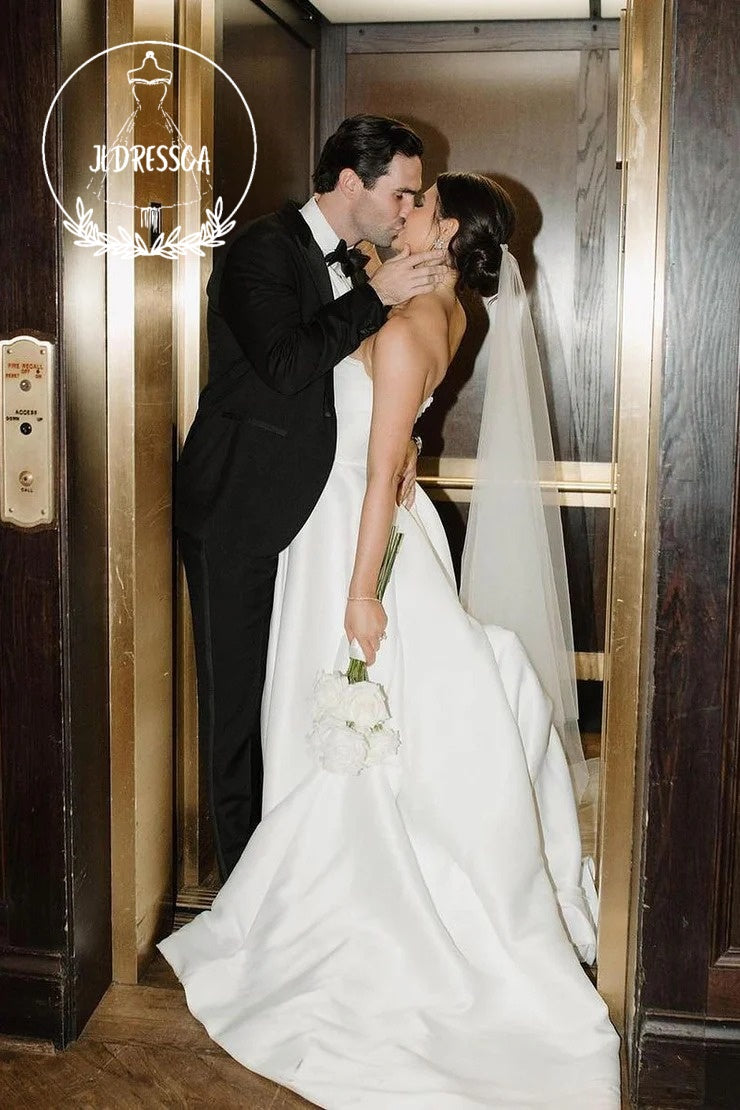 Charming Long White Strapless Satin A - Line Wedding Dresses with Slit, WD25019