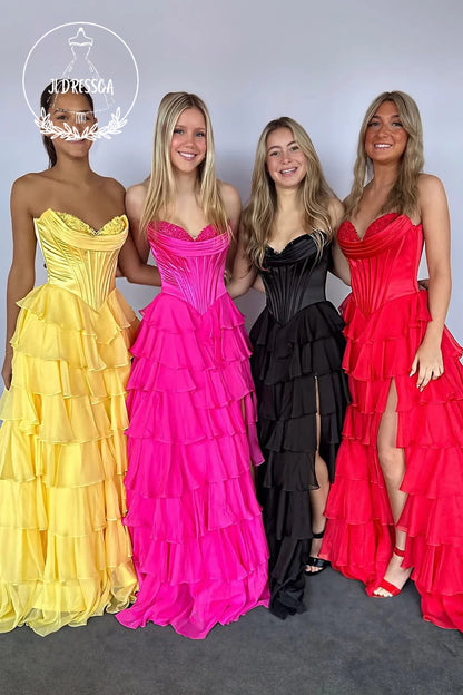 Strapless A-Line Ruffle Tiered Long Prom Dress with Slit, PD25839